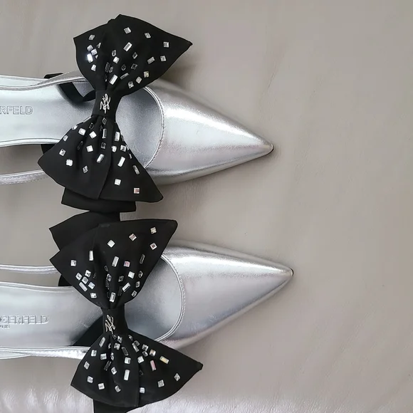 Karl Lagerfeld Silver and Black Heels with Bow NWOB - Picture 2 of 5